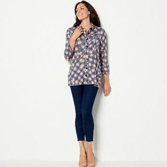 Attitudes by Renee Regular Casknit Plaid Cozy Shacket Indigo,Large - Picture 1 of 1